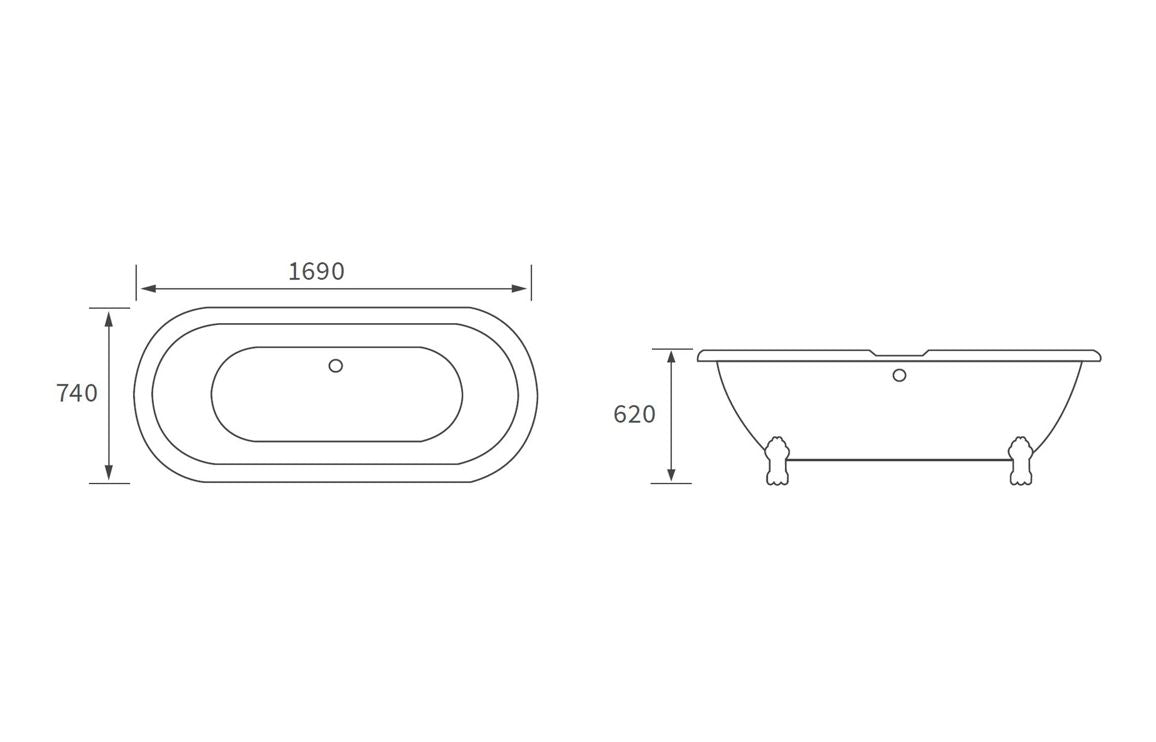 Septimus Freestanding 1690x740x620mm 2TH Bath w/Feet